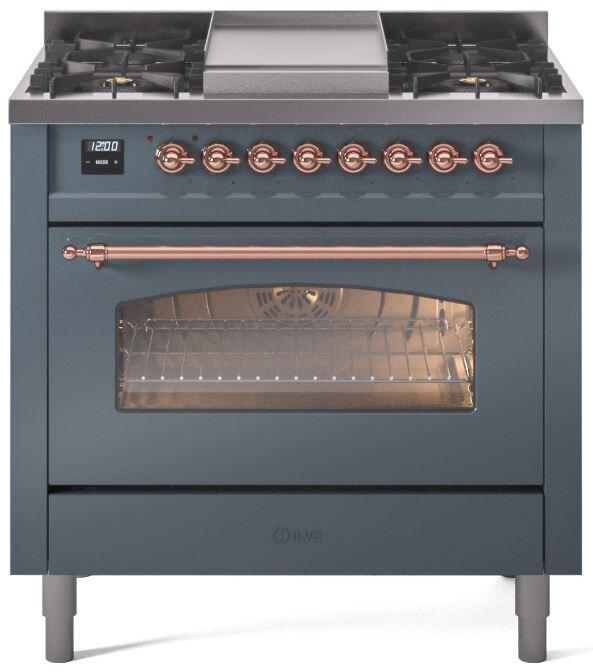 Nostalgie II 36 Inch Dual Fuel Liquid Propane Freestanding Range in Blue Grey with Copper Trim