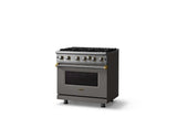 36"W. Open Burner Gas Range (Finish: Damascus Gray, Trim: Brushed Brass, Fuel: Propane)