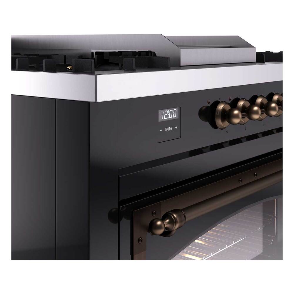 ILVE UN60FSNMPBKBLP Nostalgie II Noblesse 60 inch Dual Fuel Range (7 Sealed Burners + Griddle + French Top, Liquid Propane, Triple Glass Door, Glossy Black, Burnished)
