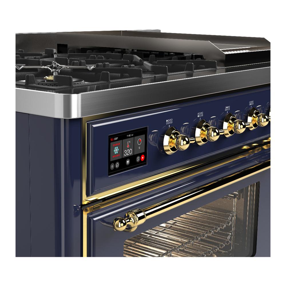 ILVE UM48FNR3MBGLP Majestic III 48 inch Dual Fuel Range with 8 Burners and Griddle, Dual Function Burner up to 25,000 BTU (Liquid Propane, Triple Glass Door, Midnight Blue, Brass)