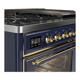 ILVE UM48FNR3MBGLP Majestic III 48 inch Dual Fuel Range with 8 Burners and Griddle, Dual Function Burner up to 25,000 BTU (Liquid Propane, Triple Glass Door, Midnight Blue, Brass)
