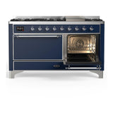 ILVE UM60FQNR3MBC Majestic III 60 inch Dual Fuel Range with 9 Burners and Griddle, Dual Function Burner up to 25,000 BTU (Natural Gas, Solid Door, Midnight Blue, Chrome)
