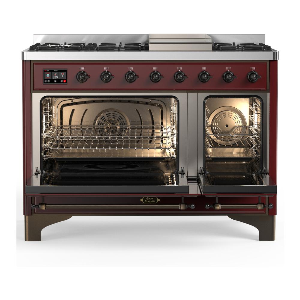 ILVE UM48FNR3BUB Majestic III 48 inch Dual Fuel Range with 8 Burners and Griddle, Dual Function Burner up to 25,000 BTU (Natural Gas, Triple Glass Door, Burgundy, Burnished)