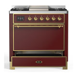 ILVE UM36FQNR3BUGLP Majestic III 36 inch Dual Fuel Range with 6 Black Brass Burners and Griddle, Dual Function Burner up to 25,000 BTU (Solid Door, Burgundy, Brass, Liquid Propane)
