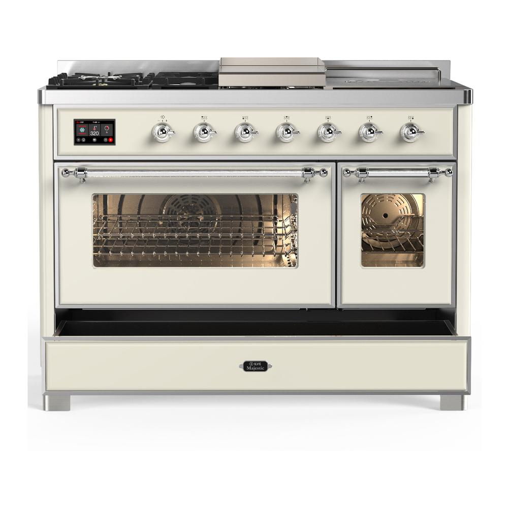 ILVE UM48FSNR3AWC Majestic III 48 inch Dual Fuel Range with 5 Black Brass Burners, Griddle and French Top, Dual Function Burner up to 25,000 BTU (Natural Gas, Triple Glass Door, Antique White, Chrome)