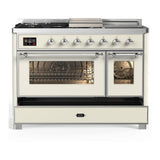 ILVE UM48FSNR3AWC Majestic III 48 inch Dual Fuel Range with 5 Black Brass Burners, Griddle and French Top, Dual Function Burner up to 25,000 BTU (Natural Gas, Triple Glass Door, Antique White, Chrome)