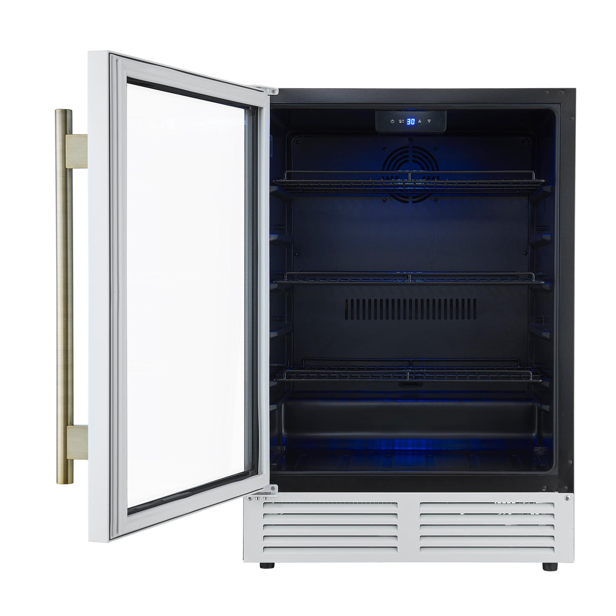 Forno Frescolino 24 Inch Beverage Cooler, White with Antique Brass Handles, with LED Lighting, Triple Glass Door, 188 Can Capacity, Built-In or Freestanding