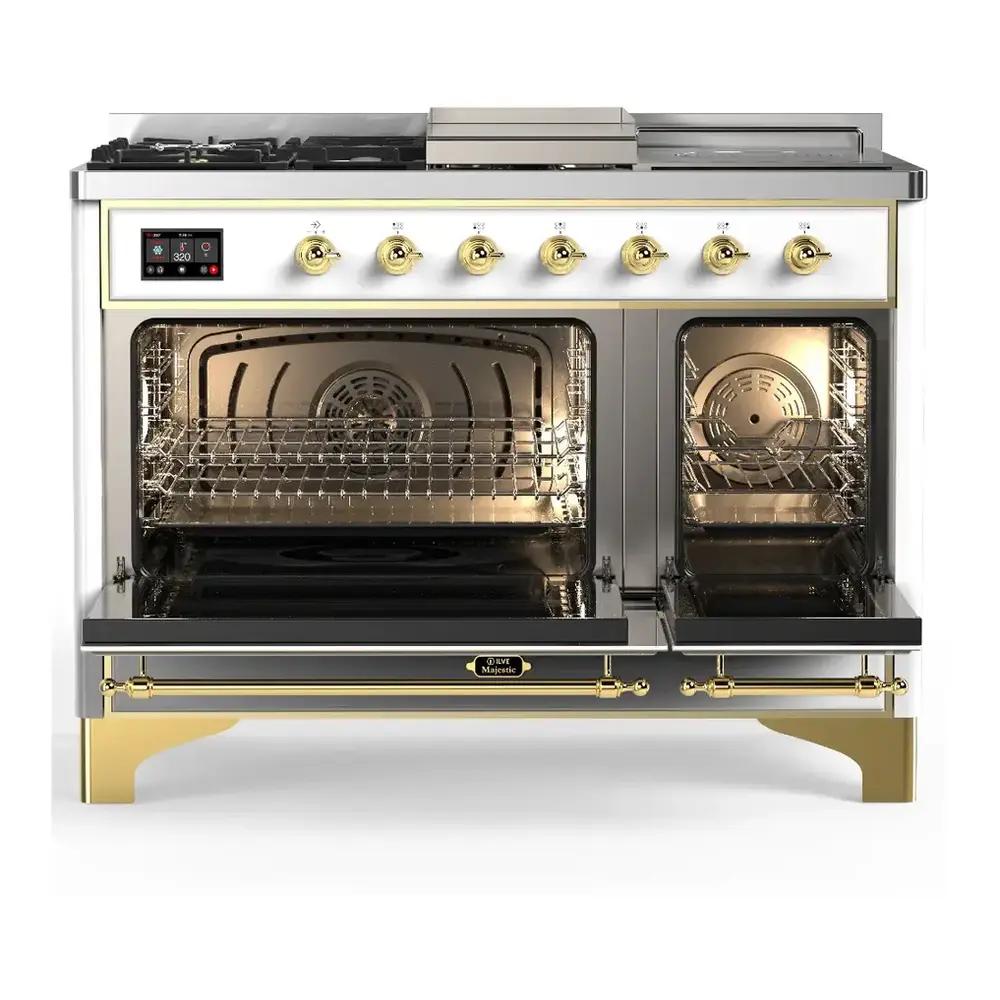 ILVE UM48FSQNR3RAGLP Majestic III 48 inch Dual Fuel Range with 5 Black Brass Burners, Griddle and French Top, Dual Function Burner up to 25,000 BTU (Liquid Propane, Solid Door, RAL, Brass)