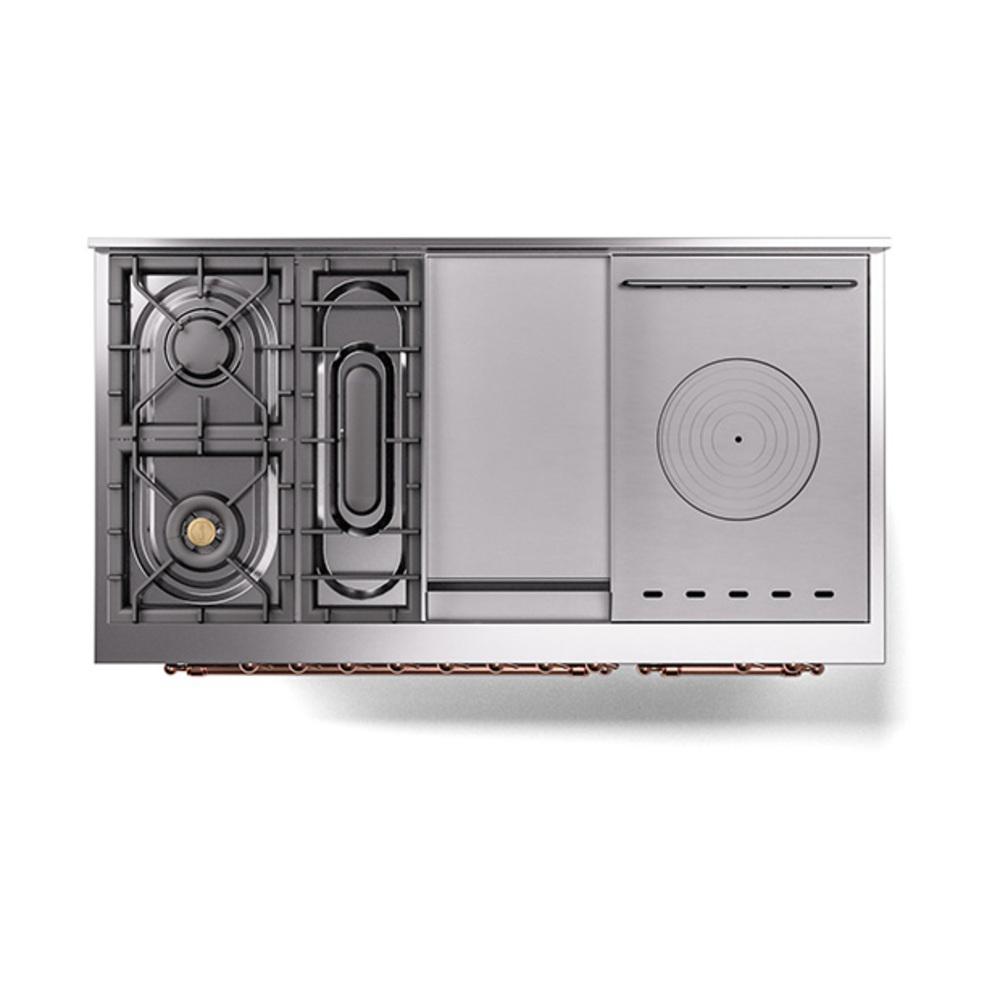 ILVE UN48FSQNMPBGP Nostalgie II Noblesse 48 inch Dual Fuel Range (5 Sealed Burners + Griddle + French Top, Natural Gas, Solid Door, Blue Grey, Copper)