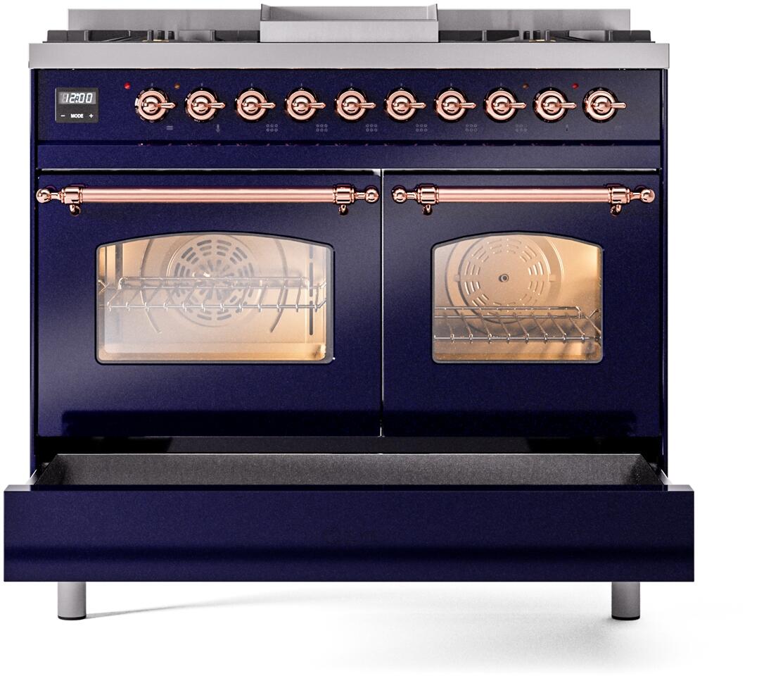 Nostalgie II 40 Inch Dual Fuel Liquid Propane Freestanding Range in Blue with Copper Trim