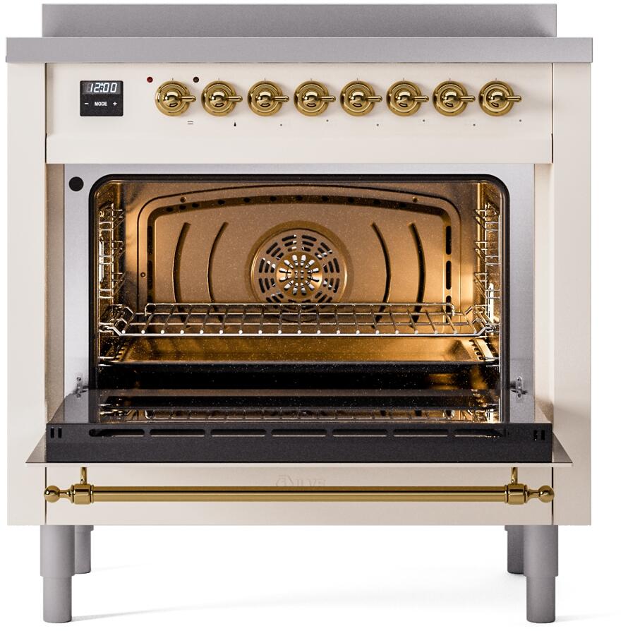 Nostalgie II 36 Inch Electric Freestanding Range in Antique White with Brass Trim