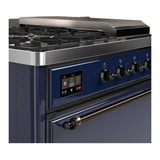 ILVE UM48FSQNR3MBB Majestic III 48 inch Dual Fuel Range with 5 Black Brass Burners, Griddle and French Top, Dual Function Burner up to 25,000 BTU (Natural Gas, Solid Door, Midnight Blue, Burnished)