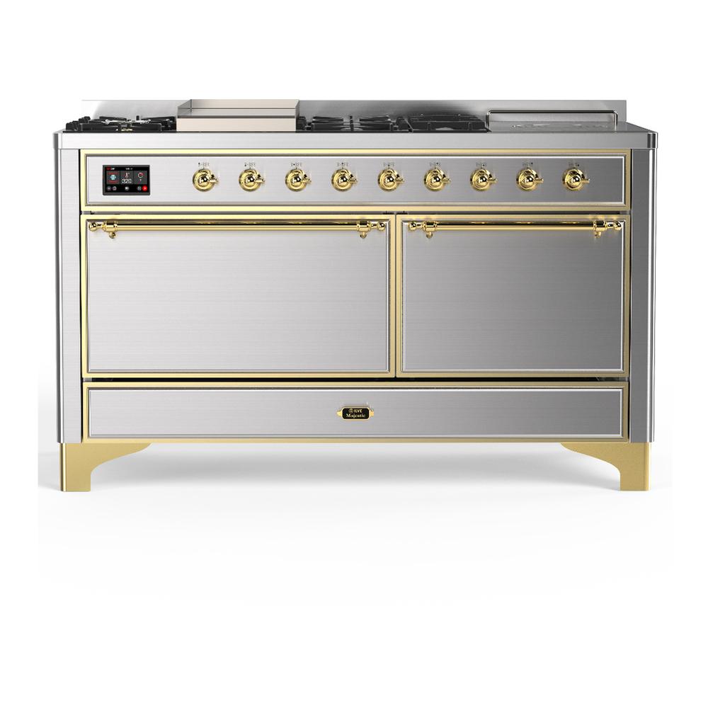 ILVE UM60FSQNR3SSG Majestic III 60 inch Dual Fuel Range with 7 Burners, Griddle and French Top, Dual Function Burner with up to 25,000 BTU (Natural Gas, Solid Door, Stainless Steel, Brass)