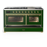 ILVE UM60FNR3EGG Majestic III 60 inch Dual Fuel Range with 9 Burners and Griddle, Dual Function Burner up to 25,000 BTU (Natural Gas, Triple Glass Door, Emerald Green, Brass)