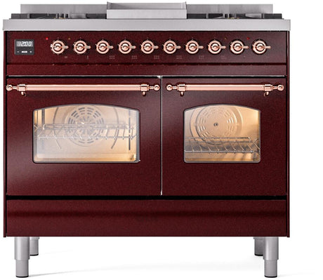 Nostalgie II 40 Inch Dual Fuel Natural Gas Freestanding Range in Burgundy with Copper Trim