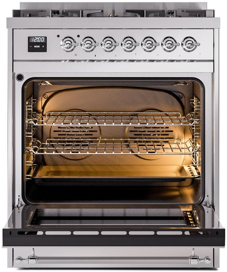 Nostalgie II 30 Inch Dual Fuel Natural Gas Freestanding Range in Stainless Steel with Chrome Trim
