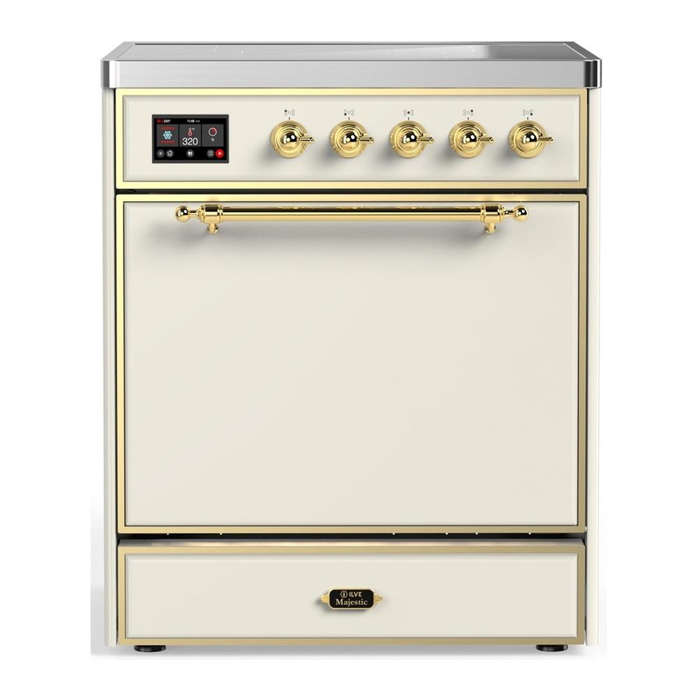 ILVE UMIB30QNR3AWG Majestic III 30 inch Induction Range with 4 Elements, 4 cu. ft. Oven Capacity (Solid Door, Antique White, Brass)