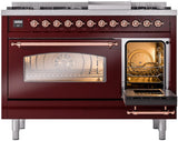 Nostalgie II 48 Inch Dual Fuel Liquid Propane Freestanding Range in Burgundy with Copper Trim