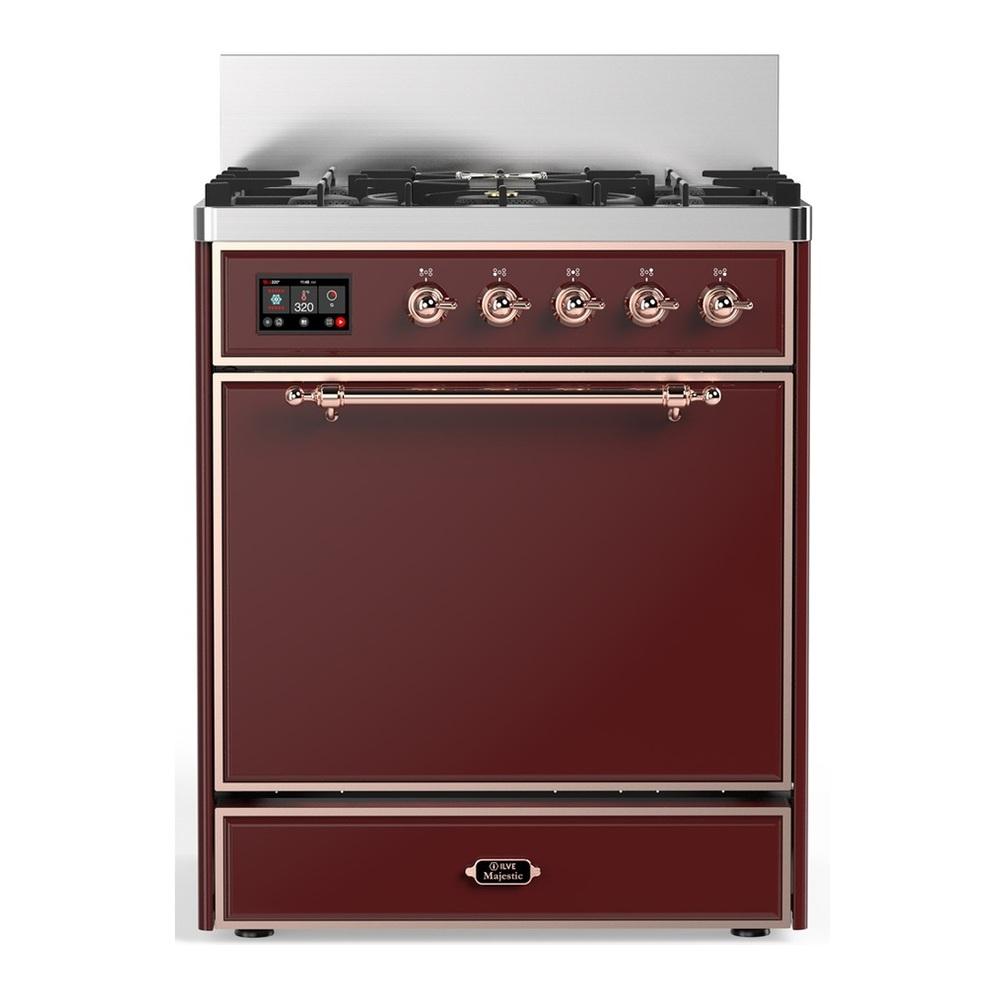 ILVE UM30QNR3BUPLP Majestic III 30 inch Dual Fuel Range with 5 Black Brass Burners, Dual Function Burner up to 25,000 BTU (Liquid Propane, Solid Door, Burgundy, Copper)