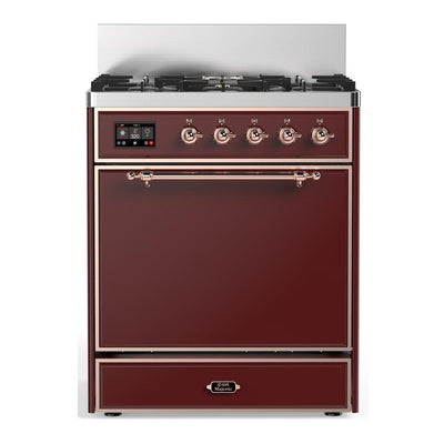 ILVE UM30QNR3BUPLP Majestic III 30 inch Dual Fuel Range with 5 Black Brass Burners, Dual Function Burner up to 25,000 BTU (Liquid Propane, Solid Door, Burgundy, Copper)
