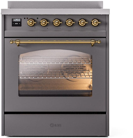 Nostalgie II 30 Inch Electric Freestanding Range in Matte Graphite with Brass Trim