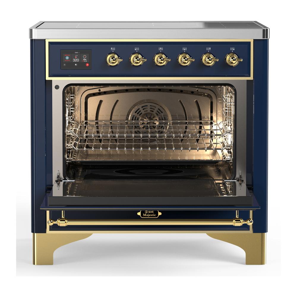 ILVE UMIB36QNR3MBG Majestic III 36 inch Induction Range with 6 Elements, 3.5 cu. ft. Total Oven Capacity (Solid Door, Midnight Blue, Brass)