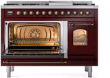 Nostalgie II 48 Inch Dual Fuel Natural Gas Freestanding Range in Burgundy with Bronze Trim