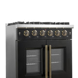 Forno Galiano 30-inch French Door Gas Range Black and Antique Brass Design, 5 Sealed Burners 68,000 BTU, 4.32 cu.ft. Convection Oven