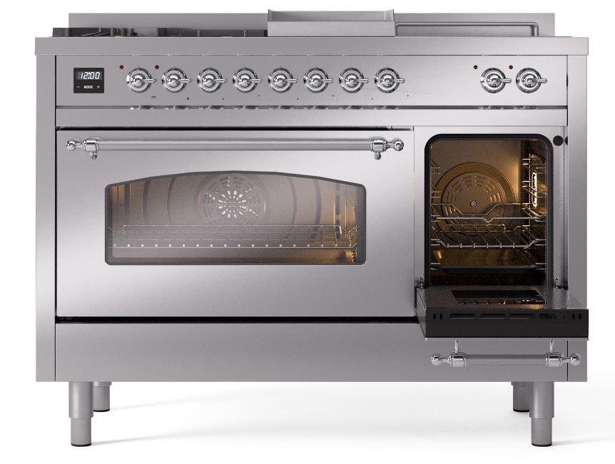 Nostalgie II 48 Inch Dual Fuel Natural Gas Freestanding Range in Stainless Steel with Chrome Trim