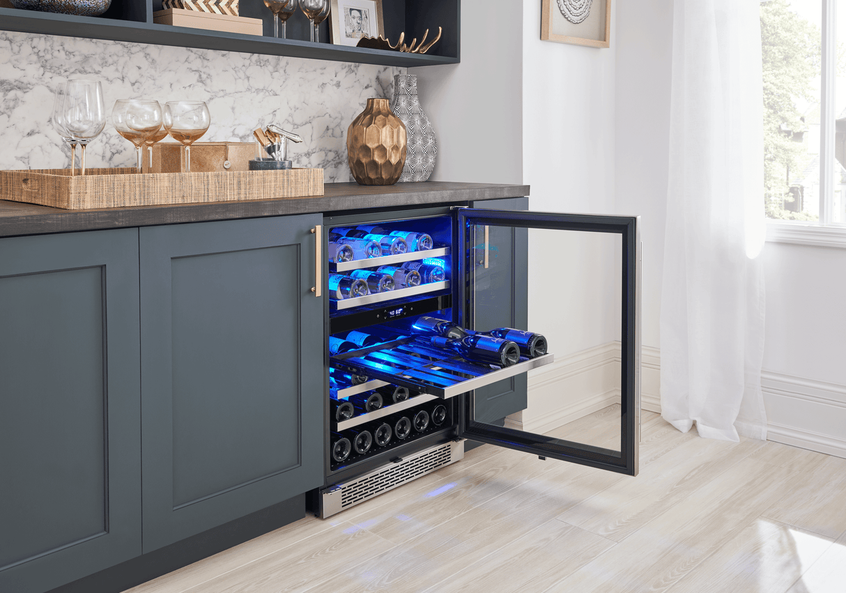 Presrv Wine Cooler, 24in Under Cabinet, SS+Glass, Reverse Door, 2 Zone
