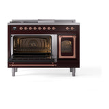 ILVE UN48FSNMPBUP Nostalgie II Noblesse 48 inch Dual Fuel Range (5 Sealed Burners + Griddle + French Top, Natural Gas, Triple Glass Door, Burgundy, Copper)