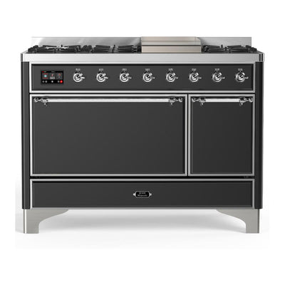 ILVE UM48FQNR3MGC Majestic III 48 inch Dual Fuel Range with 8 Burners and Griddle, Dual Function Burner up to 25,000 BTU (Natural Gas, Solid Door, Graphite Matte, Chrome)