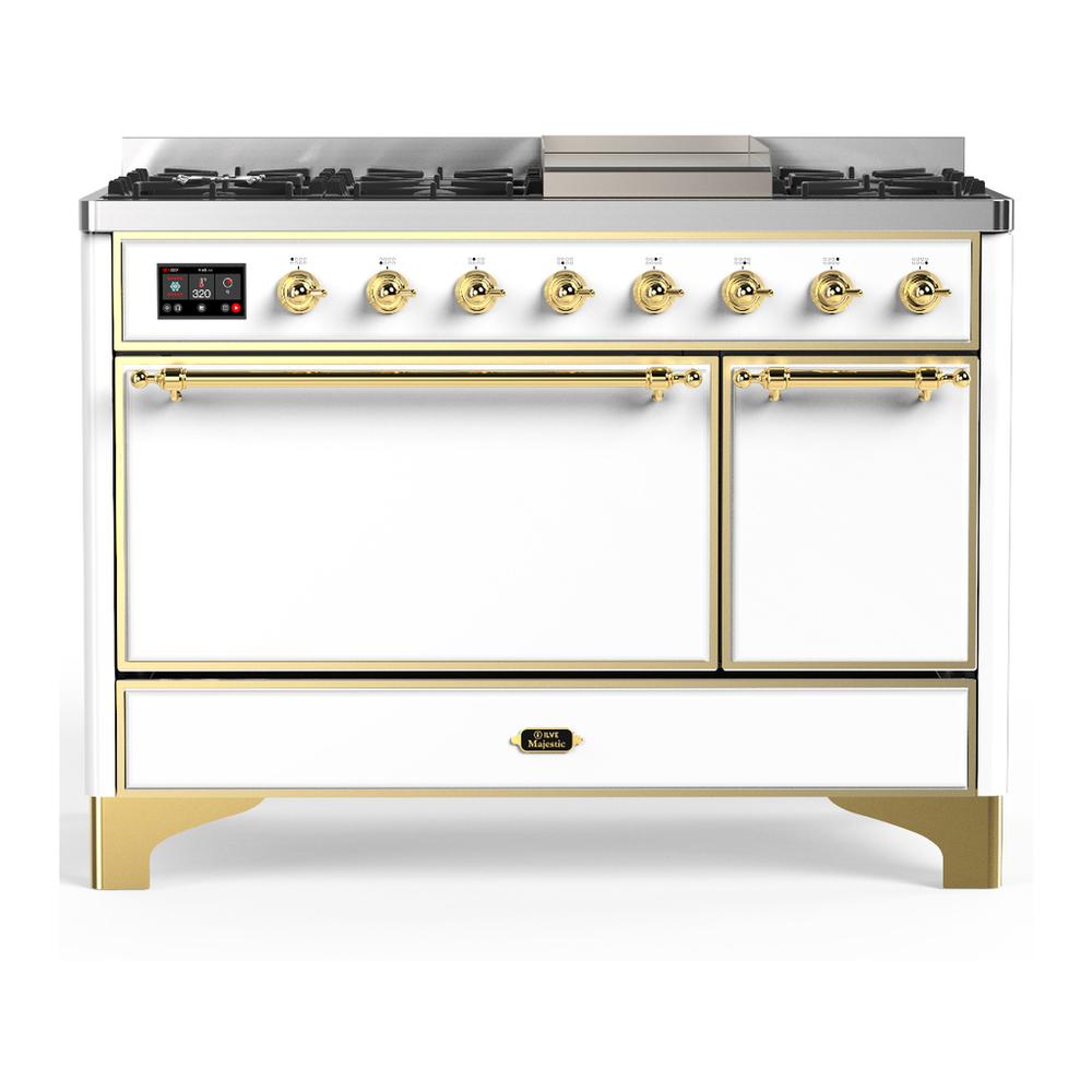 ILVE UM48FQNR3WHGLP Majestic III 48 inch Dual Fuel Range with 8 Burners and Griddle, Dual Function Burner up to 25,000 BTU (Liquid Propane, Solid Door, White, Brass)