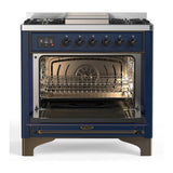 ILVE UM36FQNR3MBBLP Majestic III 36 inch Dual Fuel Range with 6 Black Brass Burners and Griddle, Dual Function Burner up to 25,000 BTU (Solid Door, Midnight Blue, Burnished, Liquid Propane)