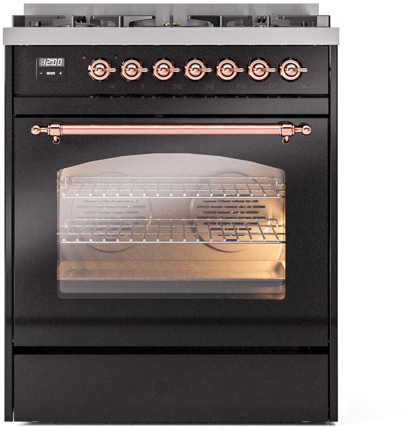 Nostalgie II 30 Inch Dual Fuel Natural Gas Freestanding Range in Glossy Black with Copper Trim