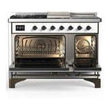 ILVE UM48FSNR3RABLP Majestic III 48 inch Dual Fuel Range with 5 Black Brass Burners, Griddle and French Top, Dual Function Burner up to 25,000 BTU (Liquid Propane, Triple Glass Door, RAL, Burnished)