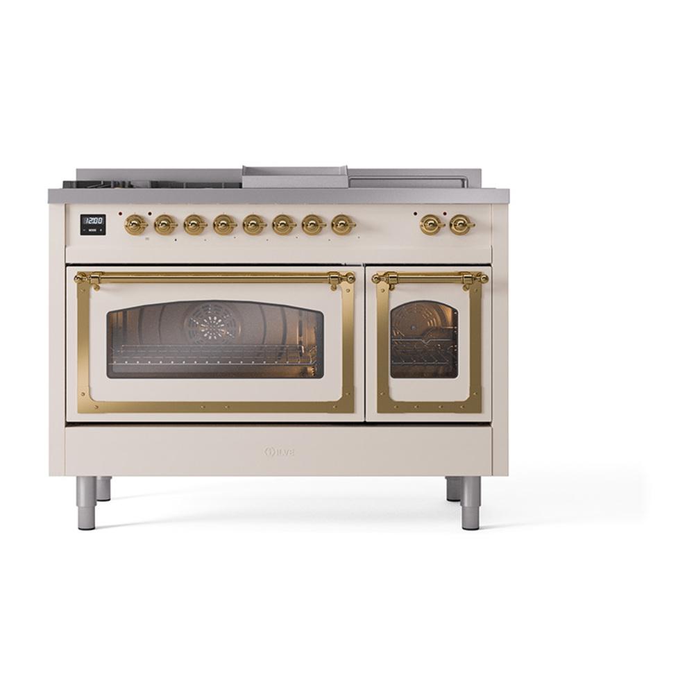 ILVE UN48FSNMPAWGLP Nostalgie II Noblesse 48 inch Dual Fuel Range (5 Sealed Burners + Griddle + French Top, Liquid Propane, Triple Glass Door, Antique White, Brass)