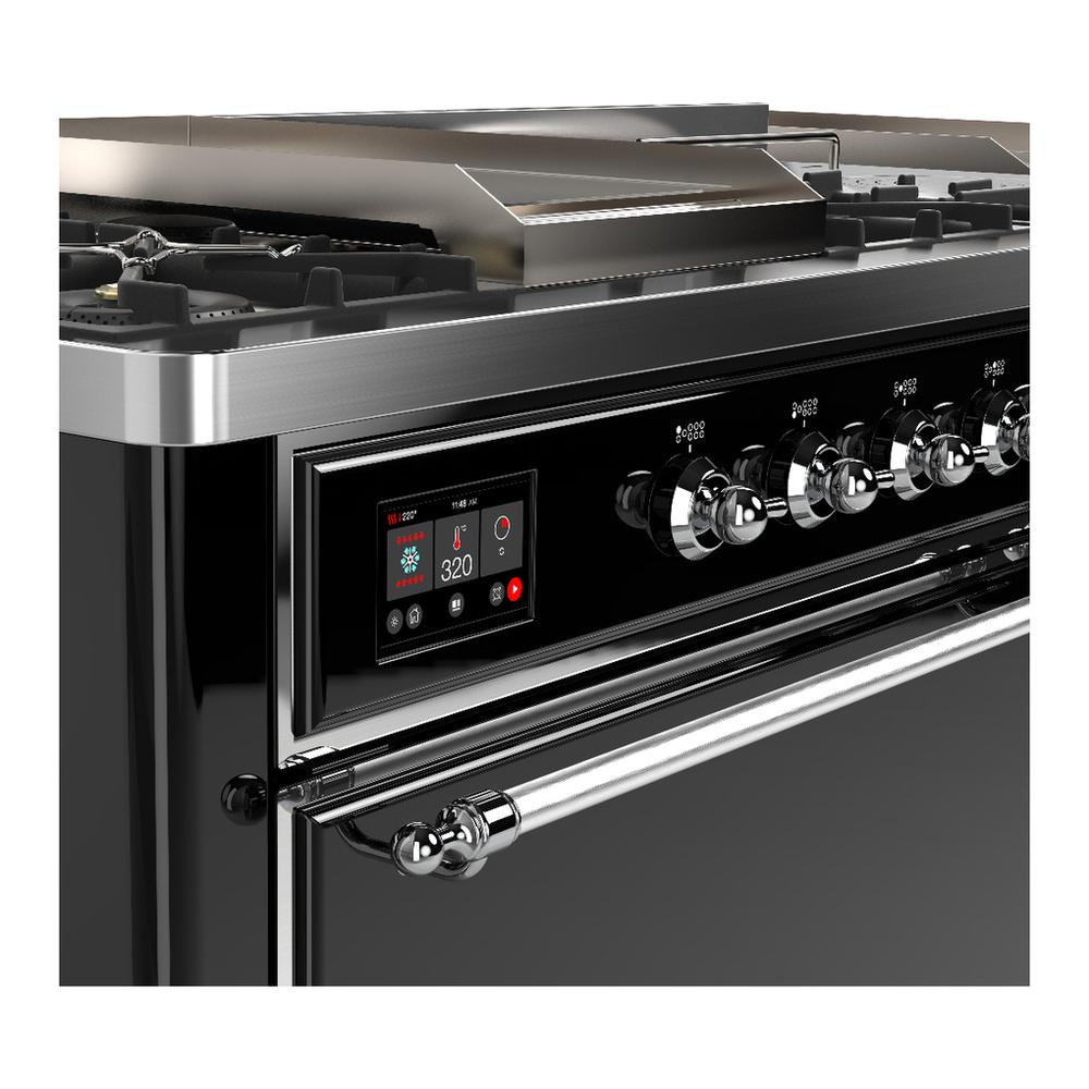 ILVE UM60FSQNR3BKCLP Majestic III 60 inch Dual Fuel Range with 7 Burners, Griddle and French Top, Dual Function Burner with up to 25,000 BTU (Liquid Propane, Solid Door, Glossy Black, Chrome)