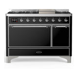 ILVE UM48FQNR3BKC Majestic III 48 inch Dual Fuel Range with 8 Burners and Griddle, Dual Function Burner up to 25,000 BTU (Natural Gas, Solid Door, Glossy Black, Chrome)