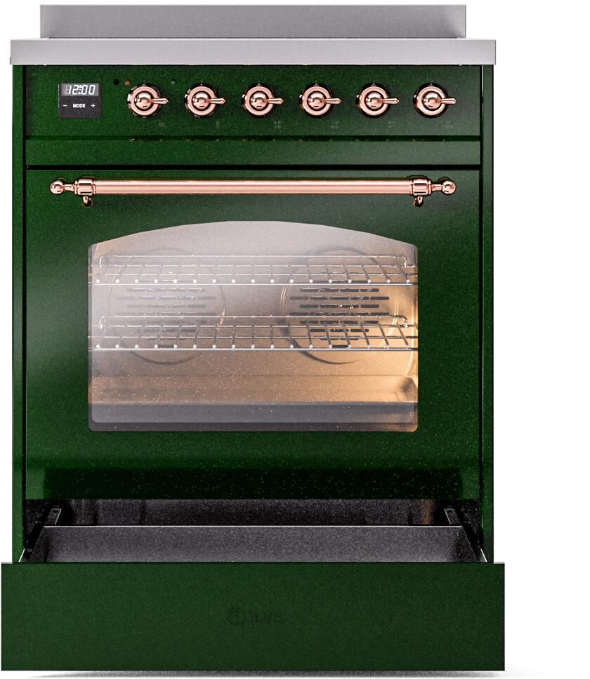 Nostalgie II 30 Inch Electric Freestanding Range in Emerald Green with Copper Trim