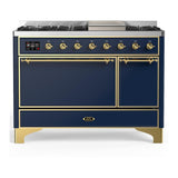 ILVE UM48FQNR3MBGLP Majestic III 48 inch Dual Fuel Range with 8 Burners and Griddle, Dual Function Burner up to 25,000 BTU (Liquid Propane, Solid Door, Midnight Blue, Brass)