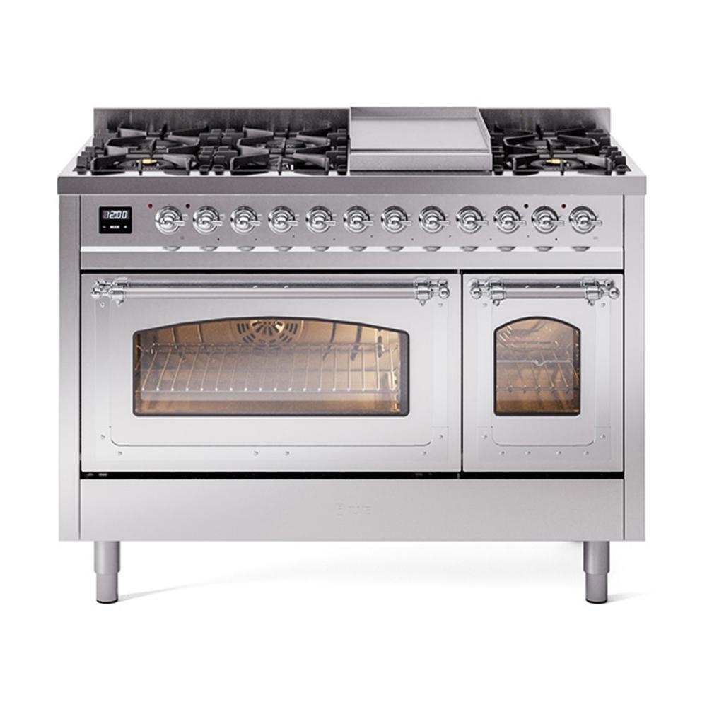 ILVE UN48FNMPSSCLP Nostalgie II Noblesse 48 inch Dual Fuel Range (8 Sealed Burners + Griddle, Liquid Propane, Triple Glass Door, Stainless Steel, Chrome)