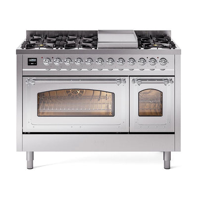 ILVE UN48FNMPSSCLP Nostalgie II Noblesse 48 inch Dual Fuel Range (8 Sealed Burners + Griddle, Liquid Propane, Triple Glass Door, Stainless Steel, Chrome)