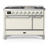 ILVE UM48FQNR3AWCLP Majestic III 48 inch Dual Fuel Range with 8 Burners and Griddle, Dual Function Burner up to 25,000 BTU (Liquid Propane, Solid Door, Antique White, Chrome)