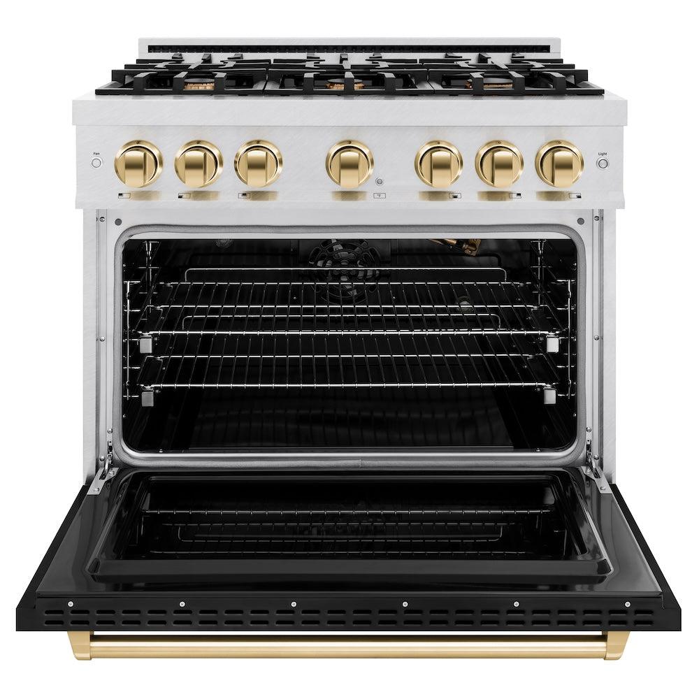ZLINE Autograph Edition 36 in. 5.2 cu. ft. Classic Gas Range with 6 Burner Cooktop and Convection Gas Oven in DuraSnow' Stainless Steel with Black Matte Door and Polished Gold Accents (CGRSZ-BLM-36-G)
