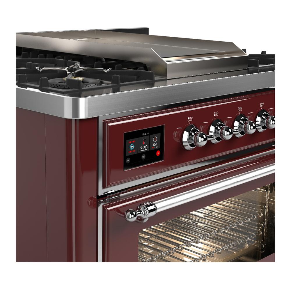 ILVE UM36FNR3BUC Majestic III 36 inch Dual Fuel Range with 6 Black Brass Burners and Griddle, Dual Function Burner up to 25,000 BTU (Triple Glass Door, Burgundy, Chrome, Natural Gas)