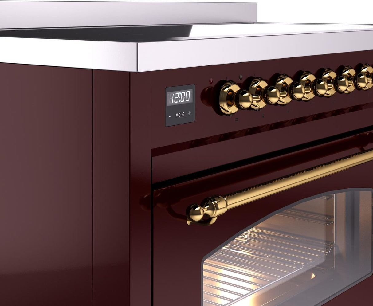 Nostalgie II 48 Inch Electric Freestanding Range in Burgundy with Brass Trim