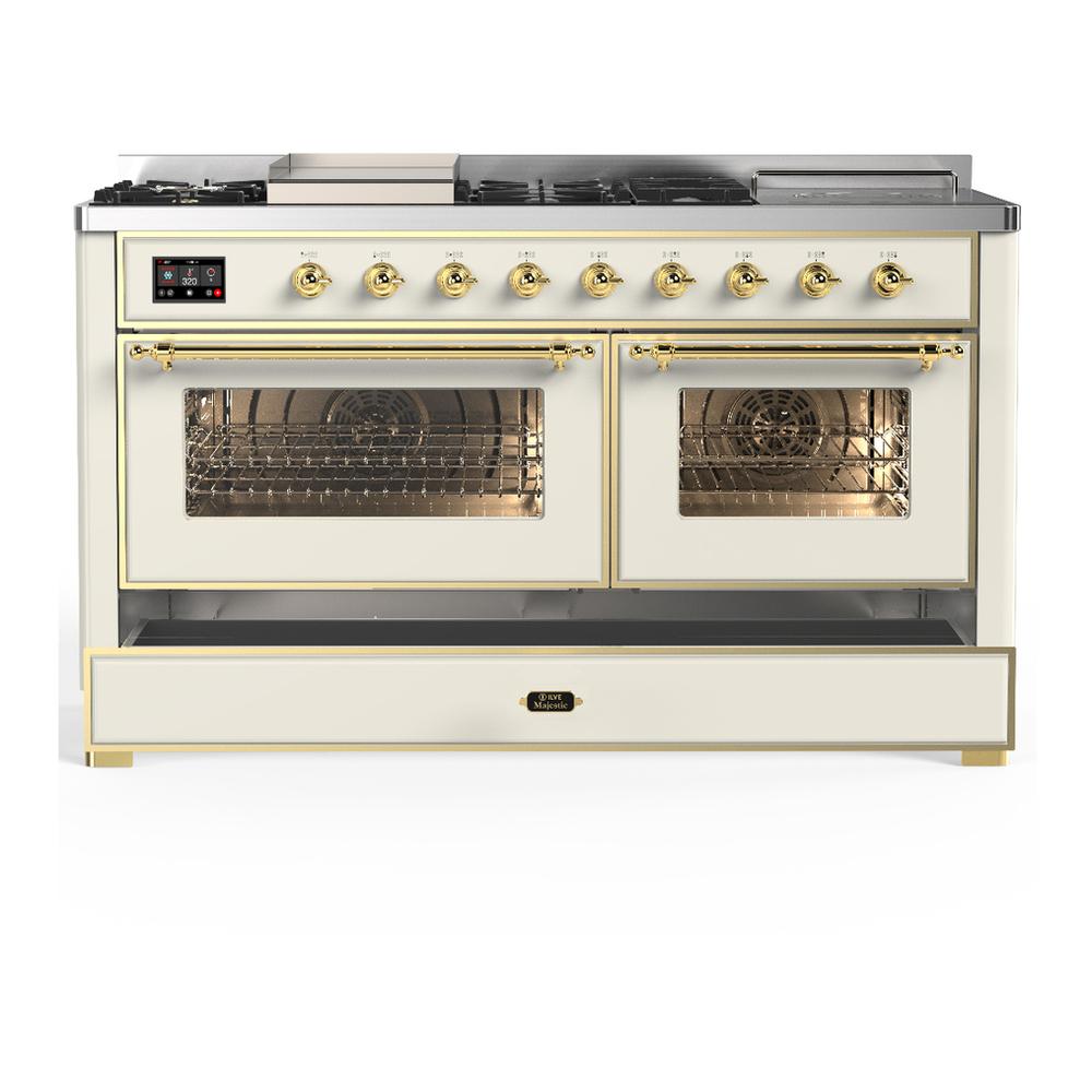 ILVE UM60FSNR3AWG Majestic III 60 inch Dual Fuel Range with 7 Burners, Griddle and French Top, Dual Function Burner with up to 25,000 BTU (Natural Gas, Triple Glass Door, Antique White, Brass)