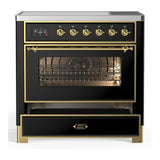 ILVE UMIB36NR3BKG Majestic III 36 inch Induction Range with 6 Elements, 3.5 cu. ft. Total Oven Capacity (Triple Glass Door, Glossy Black, Brass)