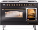 Nostalgie II 48 Inch Dual Fuel Natural Gas Freestanding Range in Glossy Black with Bronze Trim